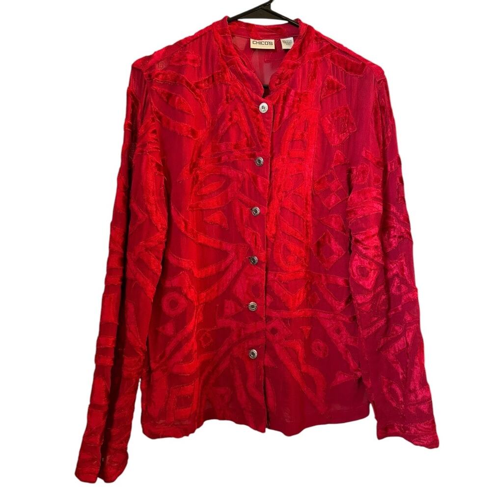 Chico's Velvet Sheer Geometric mandarin collar red blouse top button down size s